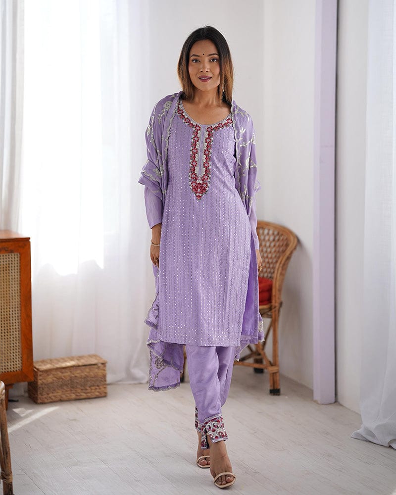 Light Purple Color Chinon Silk Three Piece Kurti Suit
