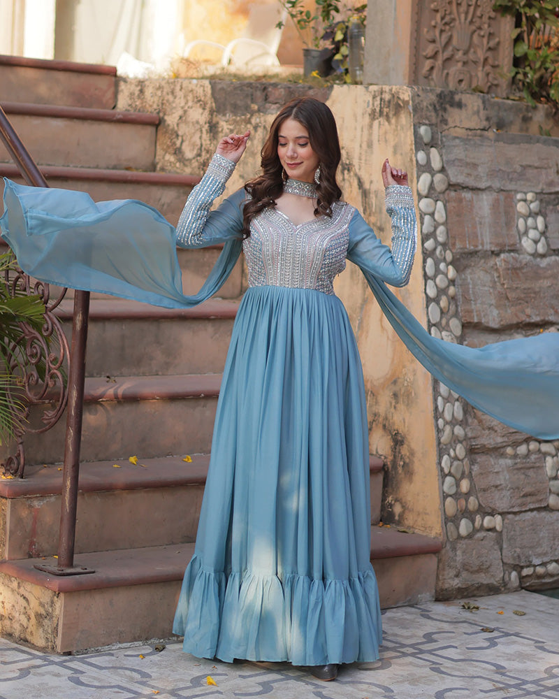 Sky Color Star Georgette Embroidered Gown