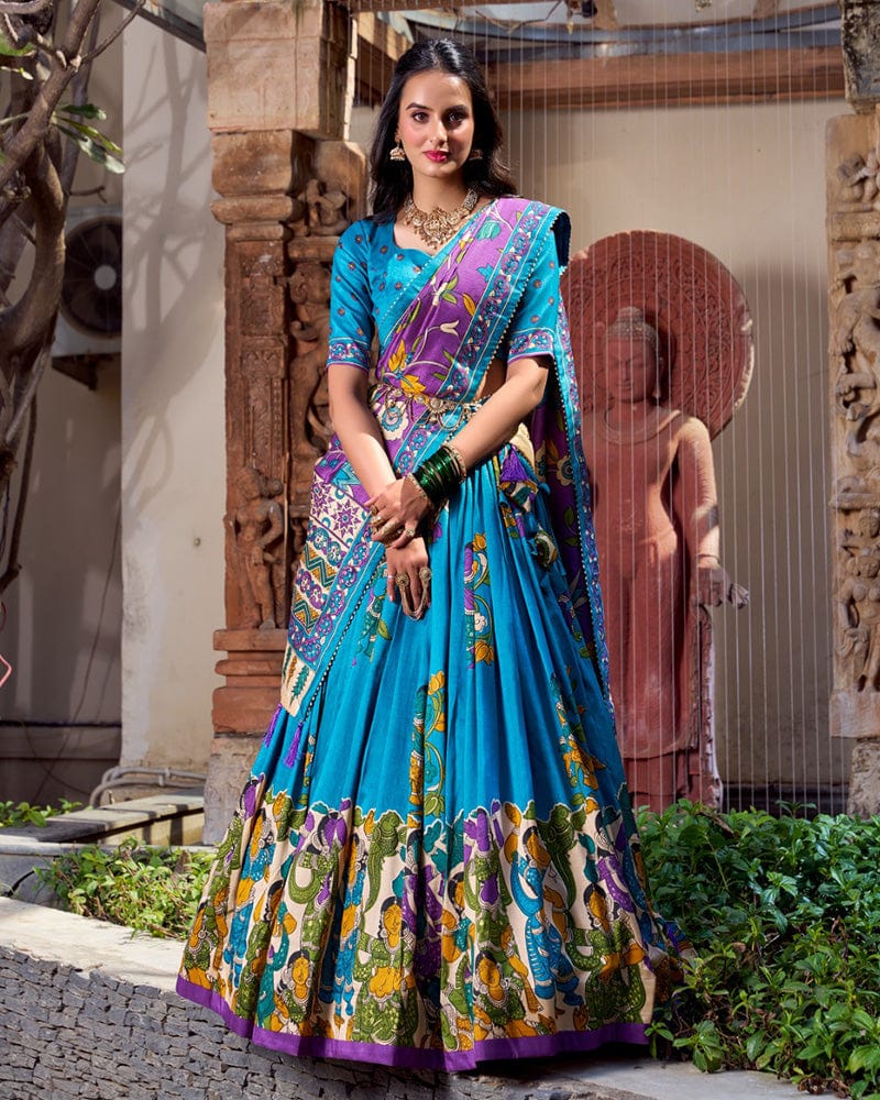 Firozi Color Tussar Silk Kalamkari Printed Lehenga Choli