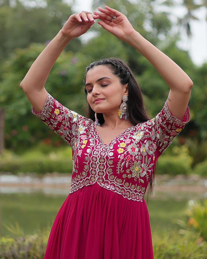 Rani Pink Color Faux Blooming Embroidered Gown