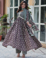 Coffee Brown Color Printed Pure Cotton Three Piece Kurti Suit