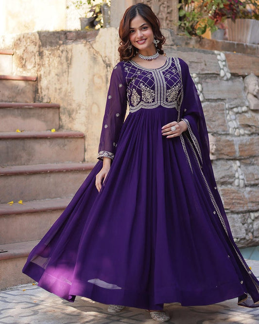 Purple Color Faux Blooming Embroidered Gown With Dupatta