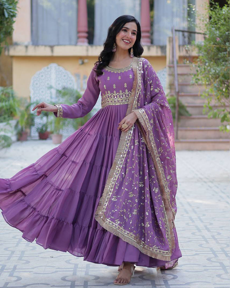 Dusty Mauve Color Star Georgette Gown With Embroidered Dupatta