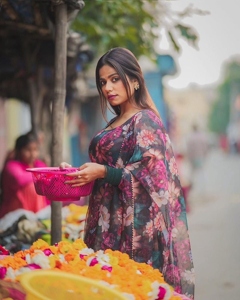 Rugee In Our Floral Print Organza Black Color Three Piece Anarkali Suit