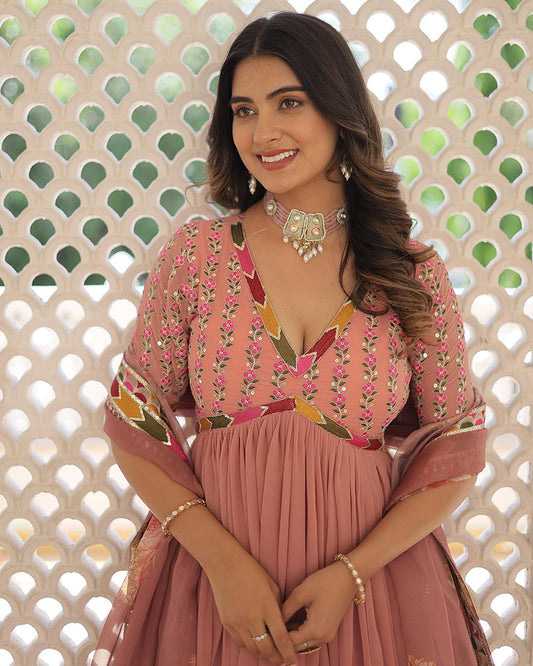 Peach Color Faux Georgette Alia Cut Gown With Dupatta