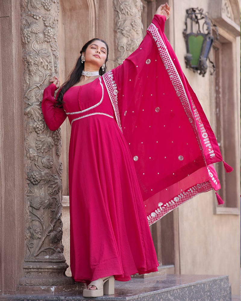 Rani Pink Embroidered Dupatta Anarkali Three Piece Suit