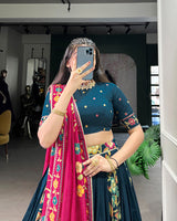 Peacock Blue Color Tussar Silk Printed With Foil Work Lehenga Choli