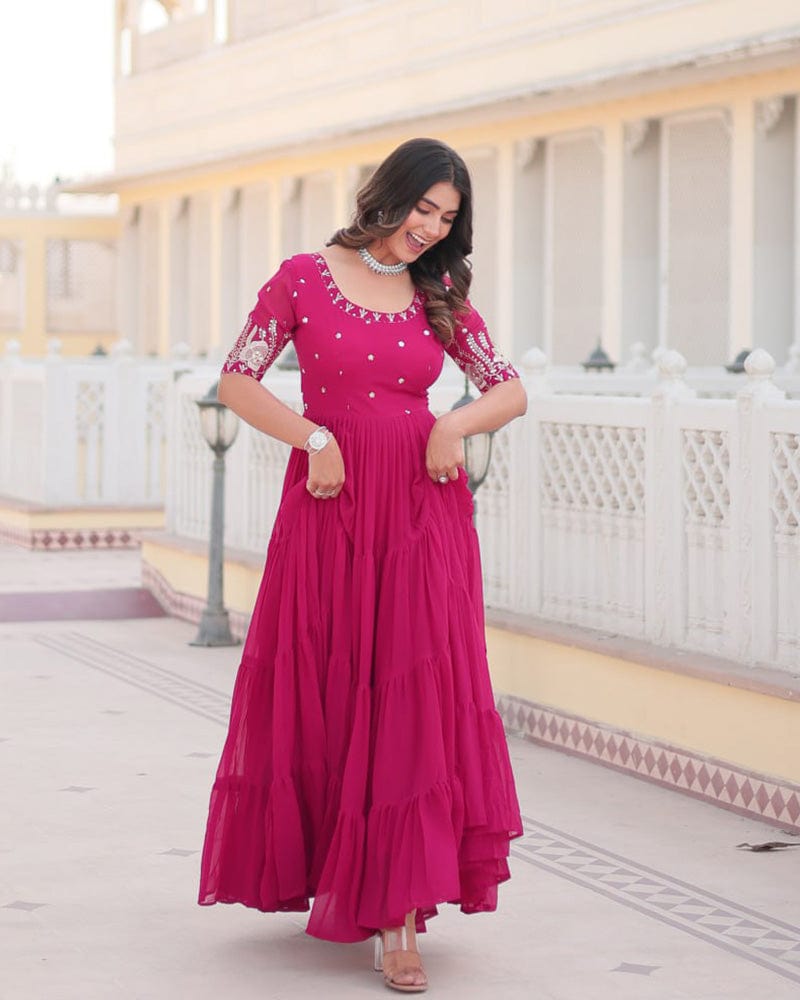 Pink Color Four Layer Georgette Embroidered Gown