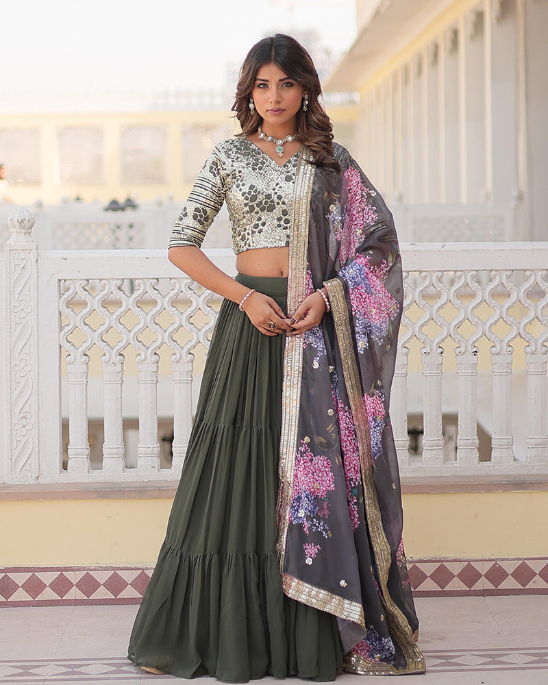 Mehndi Color Faux Georgette Frill Style Lehenga Choli