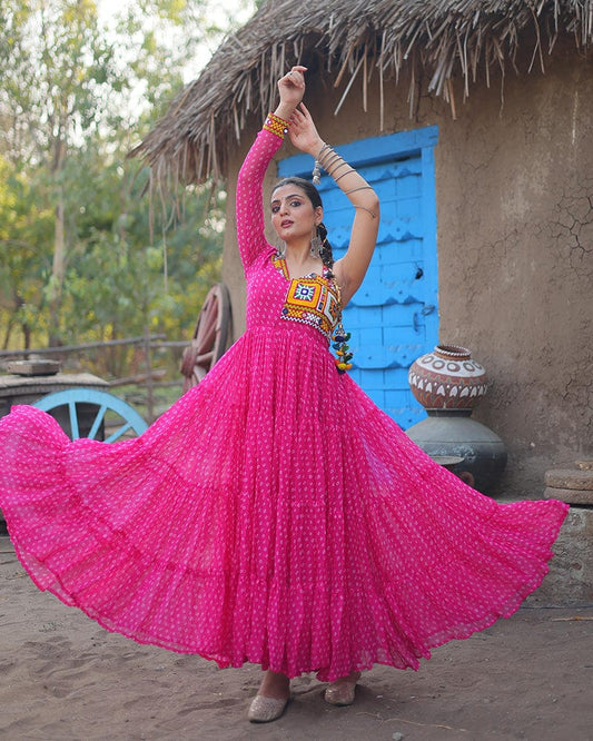 Pink Color Georgette Full Flair Navratri Gown