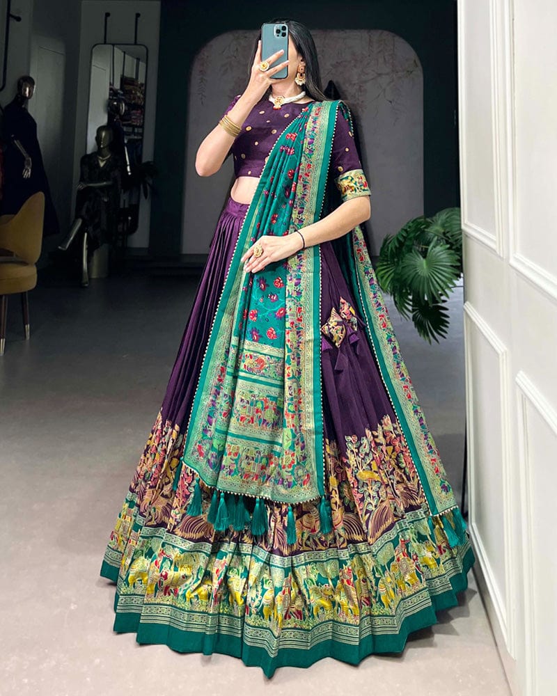 Purple Color Tussar Silk Printed With Foil Work Lehenga Choli