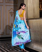 Sky Blue Color Satin Silk Printed Saree
