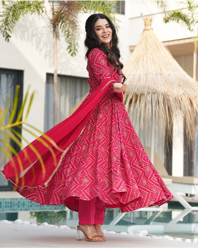 Rani Pink Color Rayon Bandhej Print Three Piece Anarkali Suit