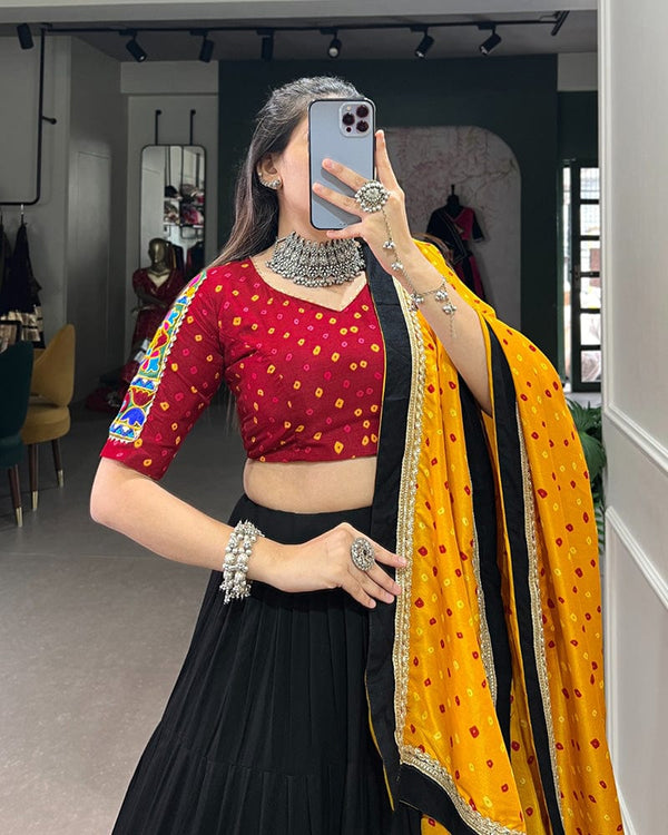 Black Color Rayon And Silk Ruffle Style Navratri Lehenga Choli