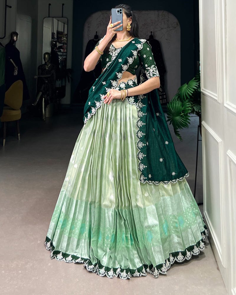 Pista Color Zari Kota Embroidered Lehenga Choli