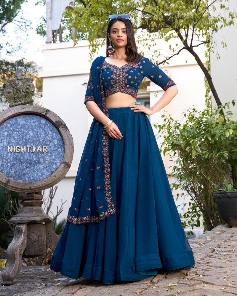 Firozi Color Georgette Embroidered Lehenga Choli
