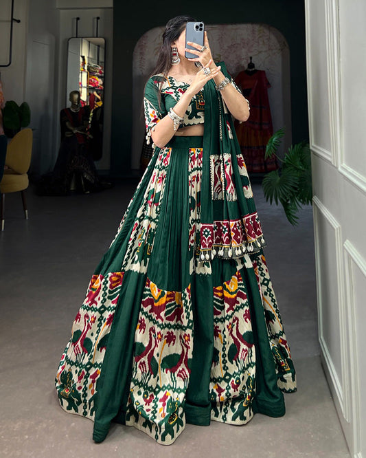 Green Color Rayon Silk Printed Fully Stitched Navratri Lehenga Choli