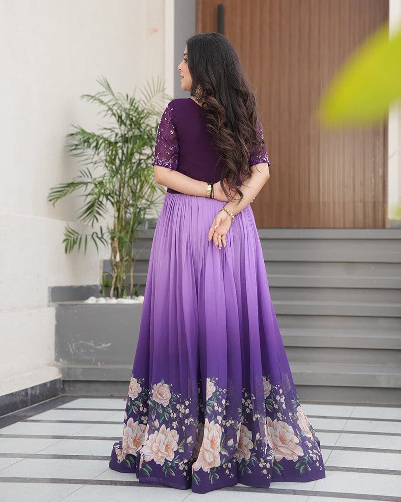 Purple Color Faux Blooming Embroidered work Gown