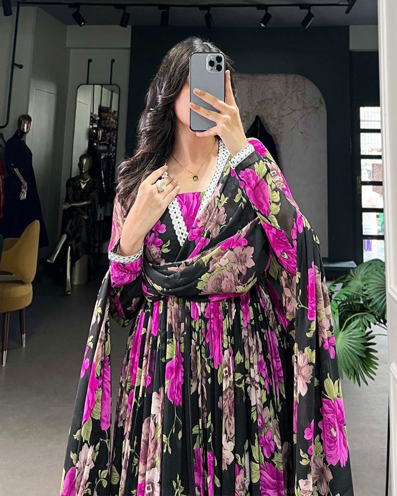 Black And Pink Color Floral Printed Georgette Gown
