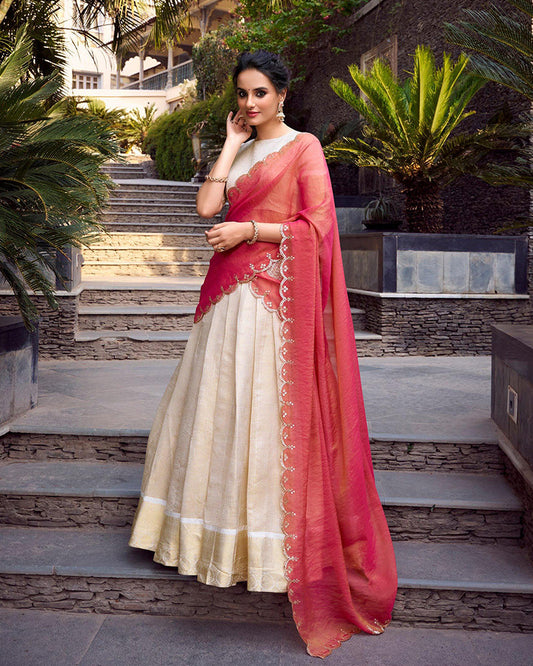 Off-White Color Jacquard Chex Lehenga Choli