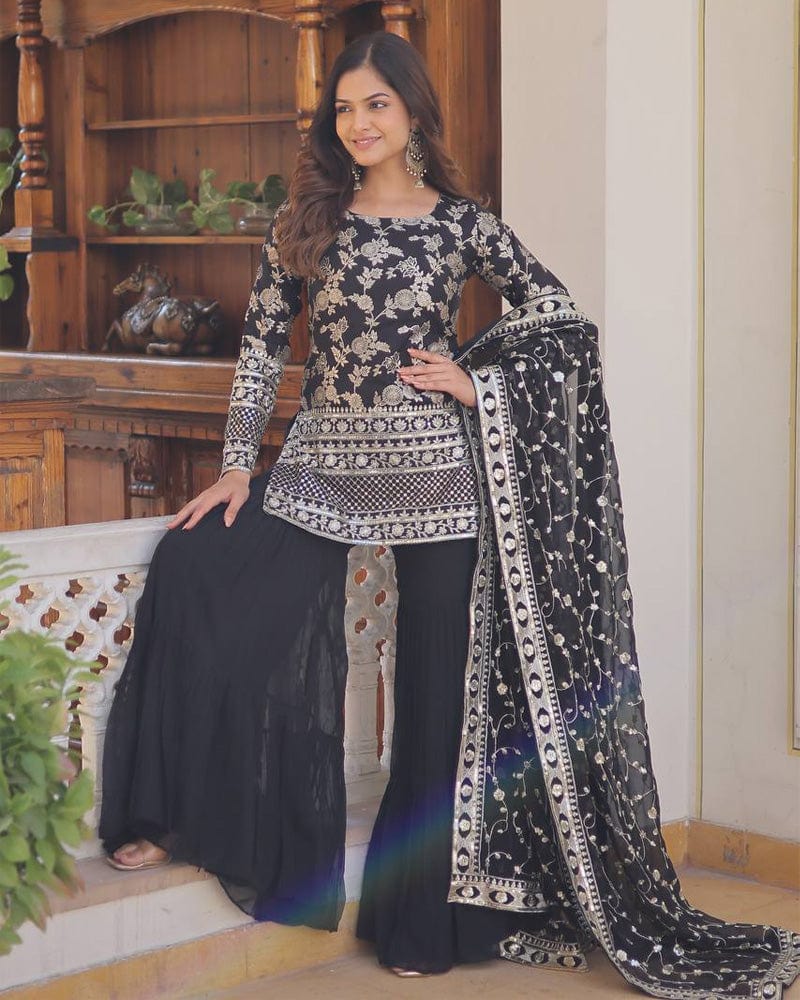 Black Color Three Piece Gharara Suit
