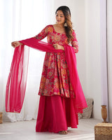 Rani Pink Color Roman Silk Discharge Printed Plazzo Suit