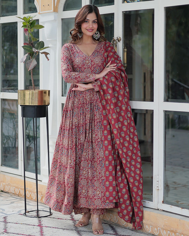 Premium Maroon Color Pure Cotton Kurti With Pant And Dupatta Set