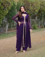Western Designer Wine Color Georgette Three Piece Kurti Suit