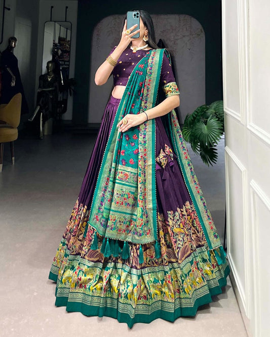 Purple Color Tussar Silk Printed With Foil Work Lehenga Choli