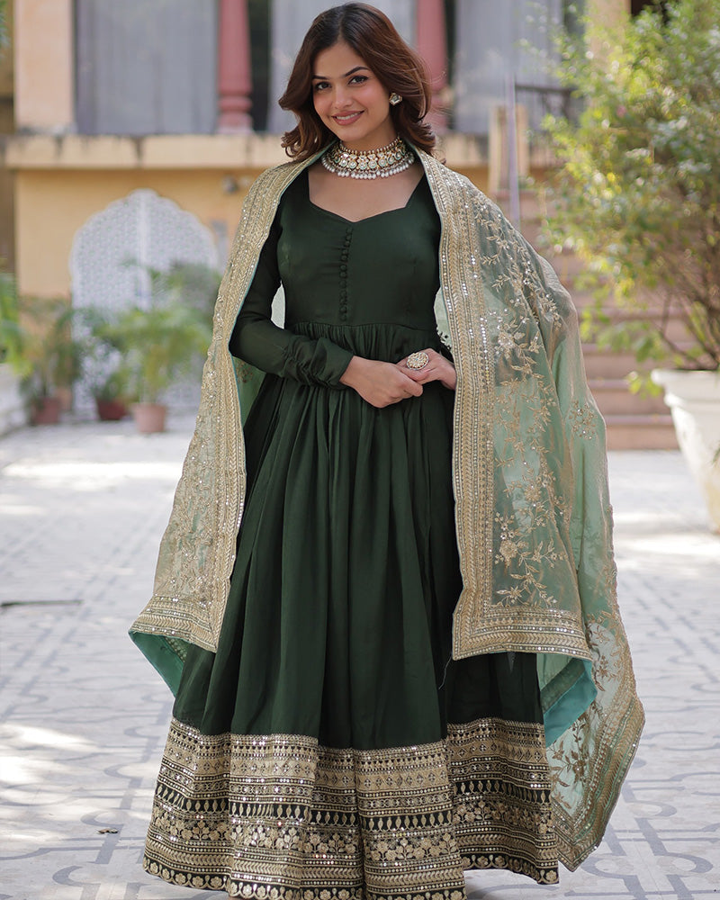 Mehndi Color Vichitra Shimmer Sequence Embroidered Gown