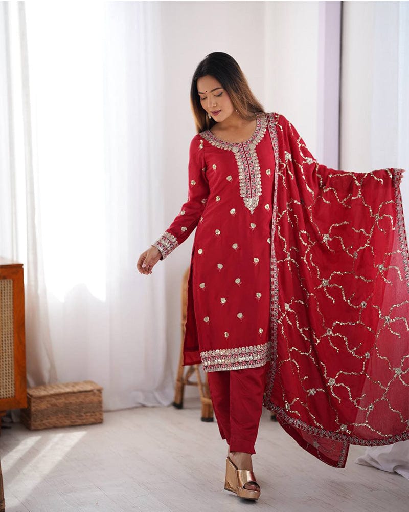 Red Color Chinon Silk Embroidered Three Piece Kurti Suit