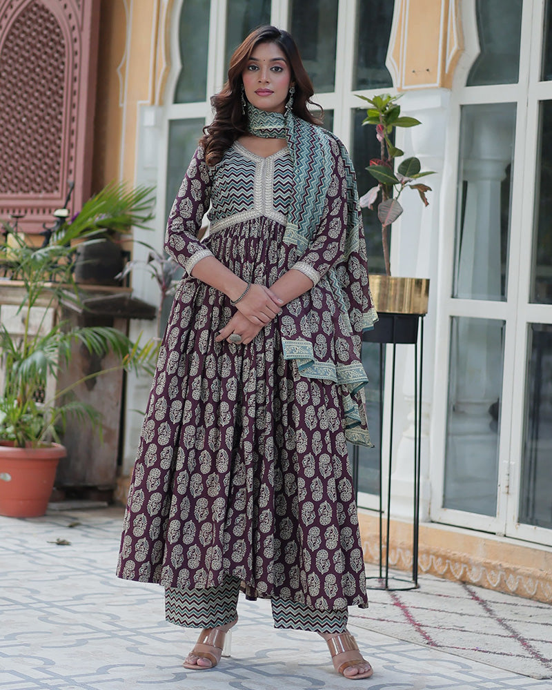 Coffee Brown Color Printed Pure Cotton Three Piece Kurti Suit