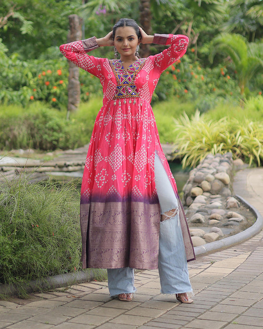 Pink Color Cotton Printed Navratri Kurti
