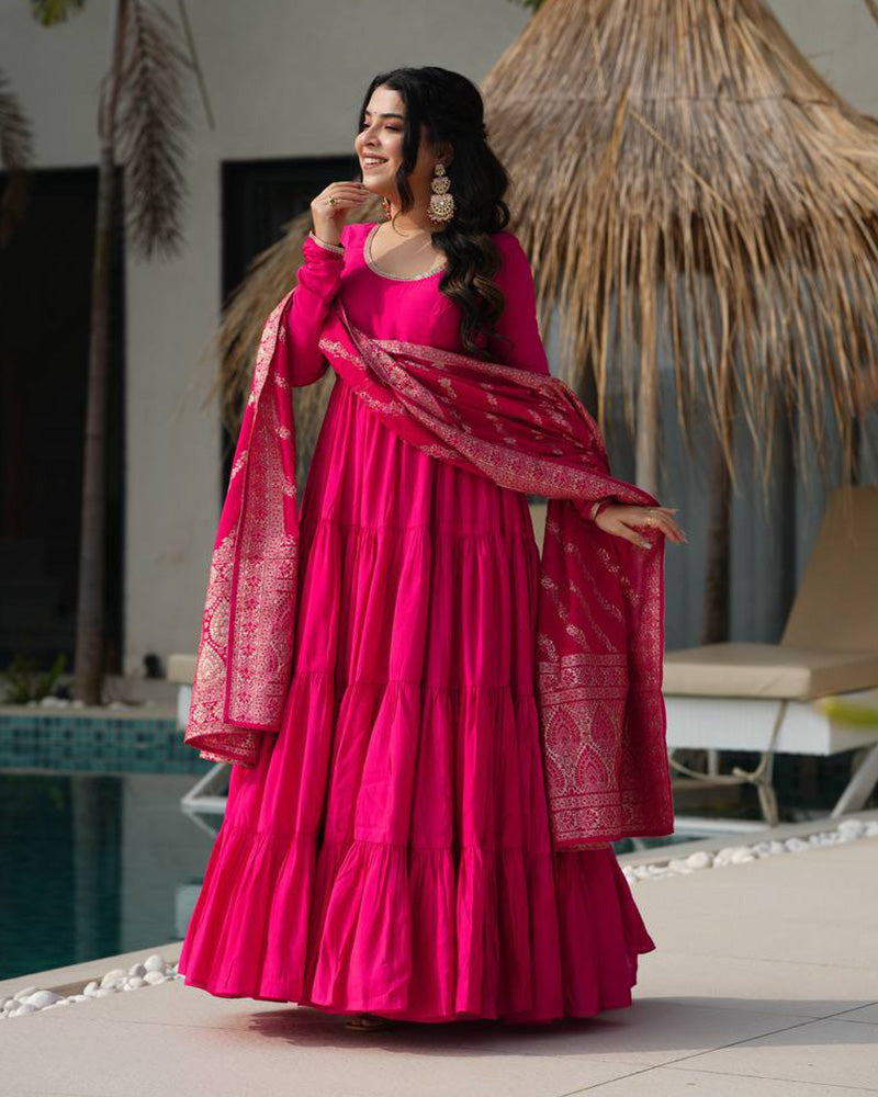 Rani Pink Color Pure Chanderi Silk Frill Style Anarkali Suit
