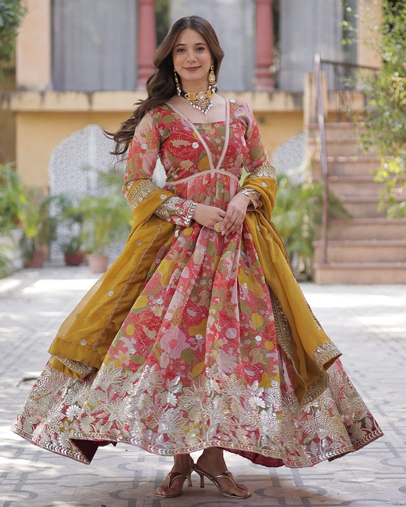Pinkish Red Color Alia Cut Embroidered Gown With Dupatta