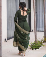 Green Color Roman Silk Embroidered Three Piece Kurti Suit