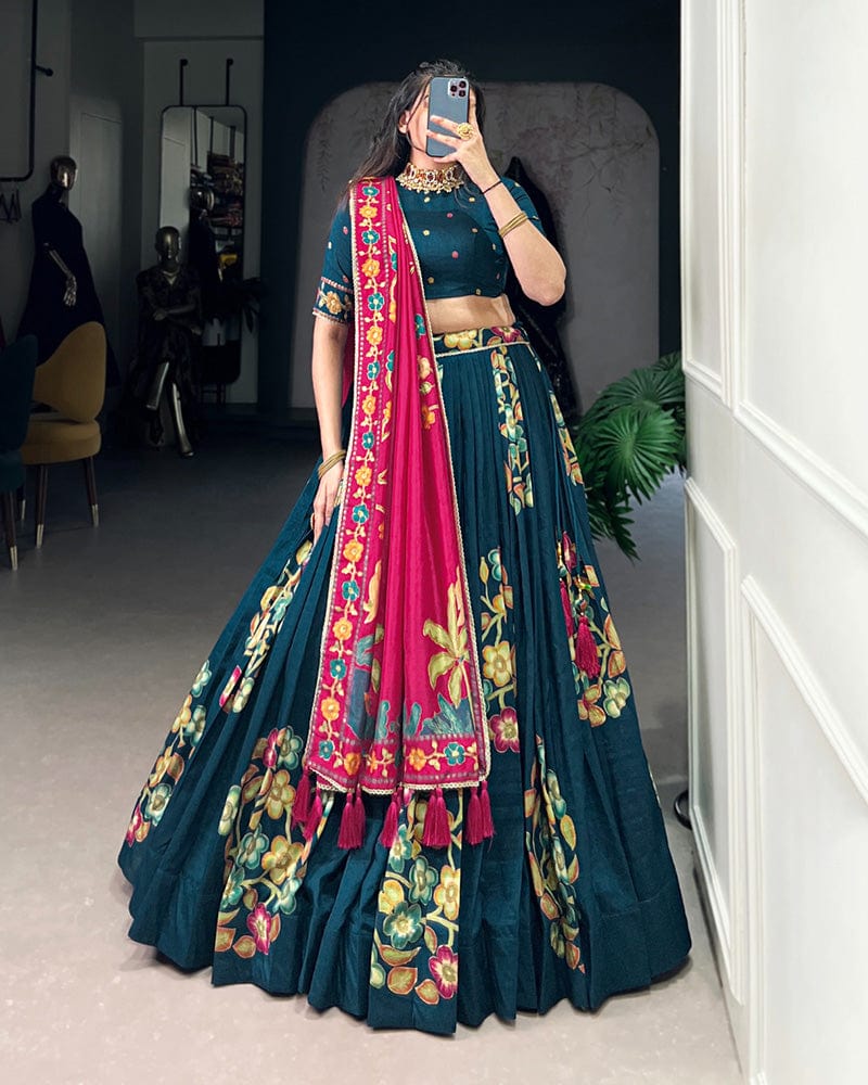 Peacock Blue Color Tussar Silk Printed With Foil Work Lehenga Choli