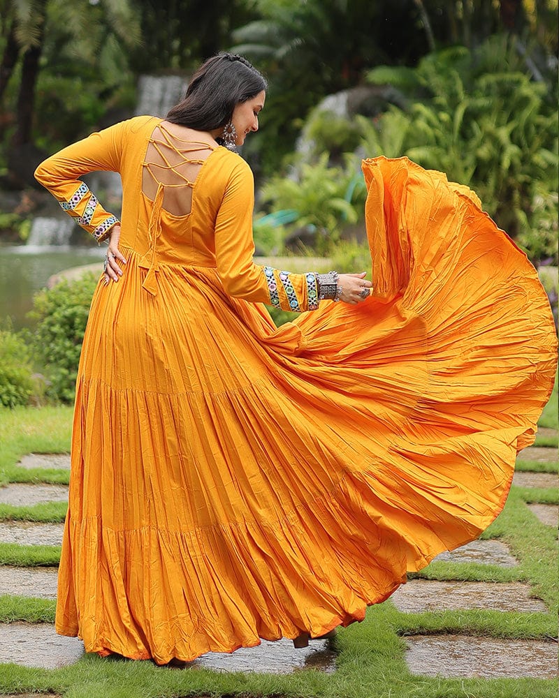 Mustard Color Reyon Gamthi Style Navratri Gown