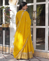 Yellow Color Faux Blooming Rich Embroidered Work Gown
