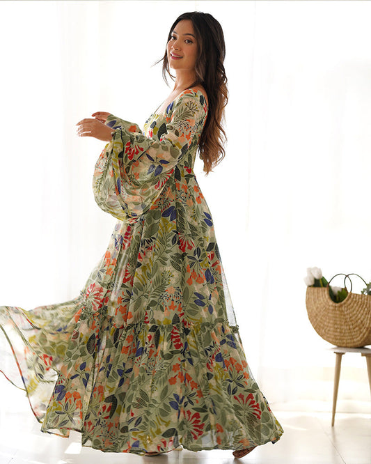 Maxi Style Pista Color Faux Georgette Gown With Balloon Sleeves