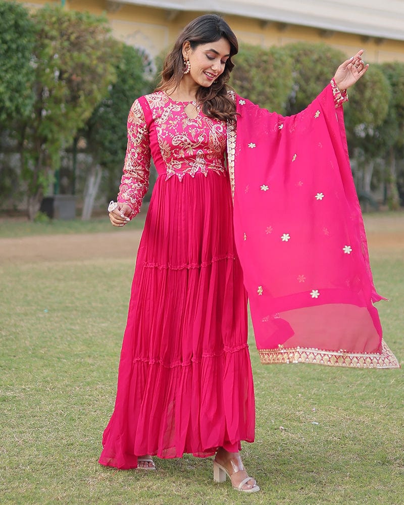 Rani Pink Color Frill Georgette Gown With Dupatta