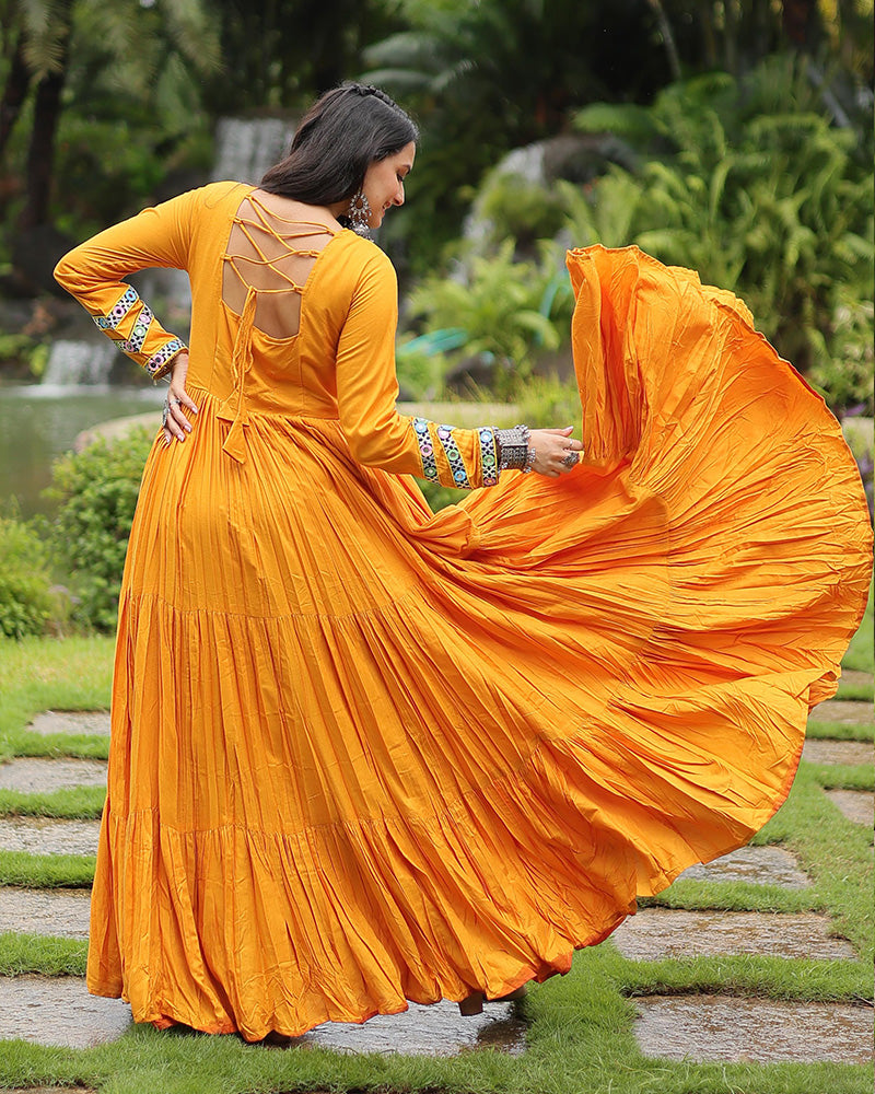 Mustard Color Reyon Gamthi Style Navratri Gown