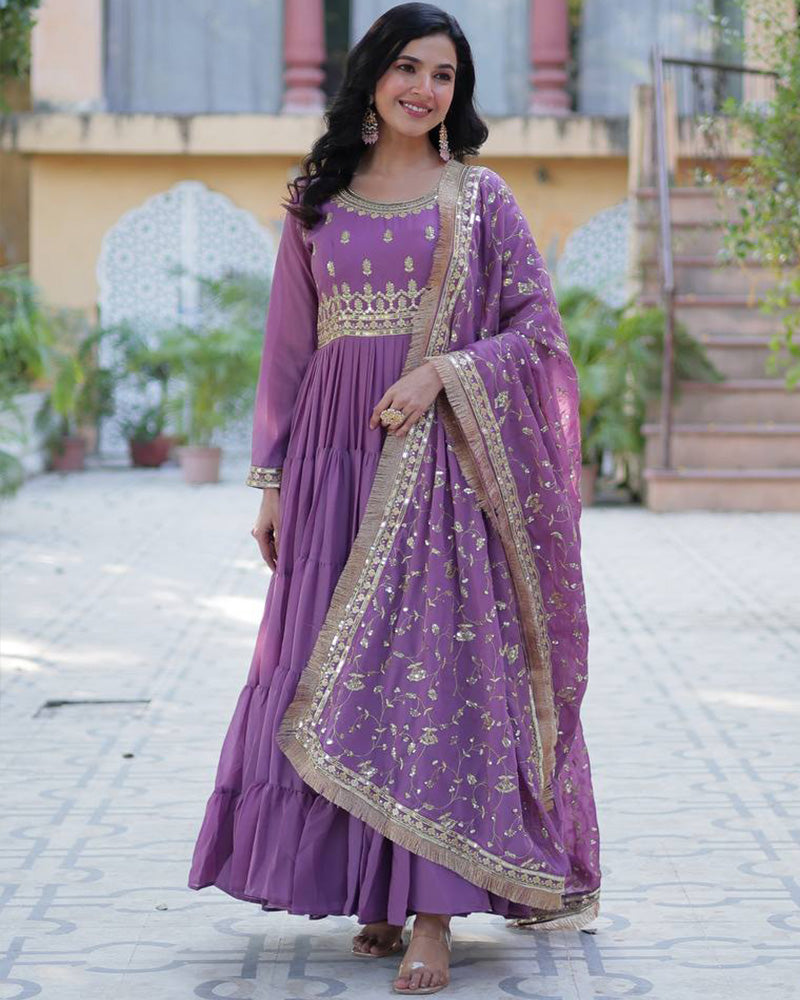 Dusty Mauve Color Star Georgette Gown With Embroidered Dupatta