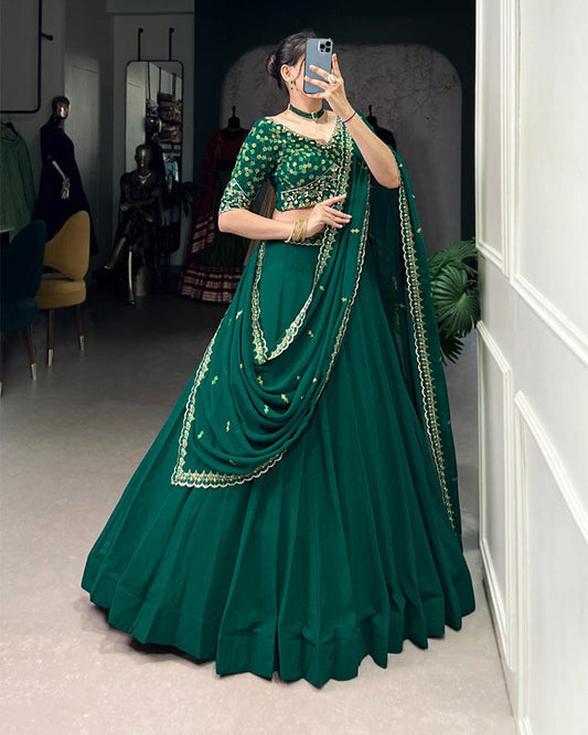 Bottle Green Color Georgette Embroidered Lehenga Choli