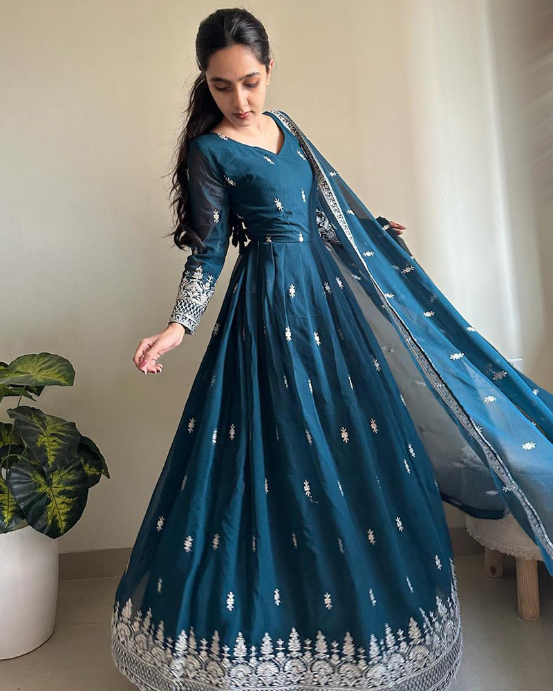 Rama Color Georgette Designer Anarkali Gown With Dupatta