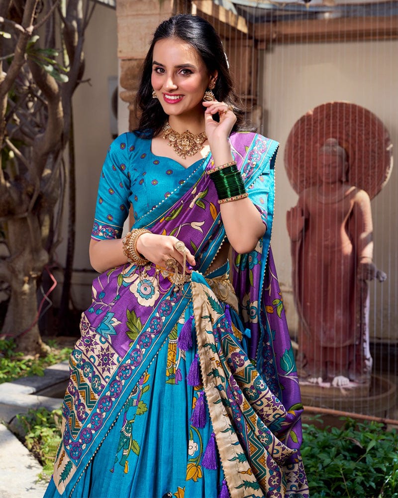 Firozi Color Tussar Silk Kalamkari Printed Lehenga Choli