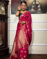 Rani Pink Color Big Flower Design Banarasi Soft Silk Saree