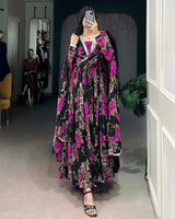 Black And Pink Color Floral Printed Georgette Gown