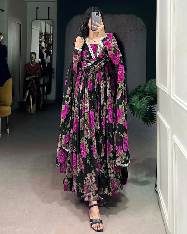 Black And Pink Color Floral Printed Georgette Gown