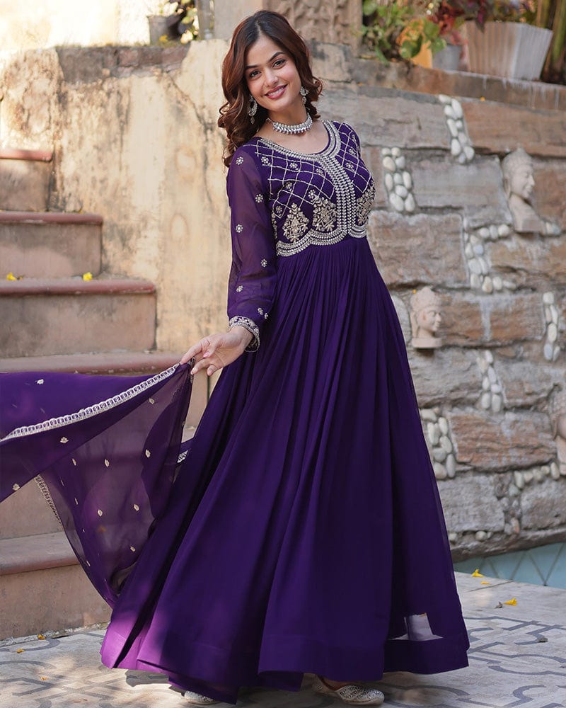 Purple Color Faux Blooming Embroidered Gown With Dupatta